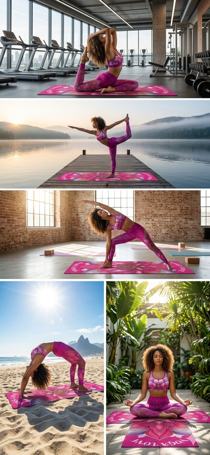 Pink yoga mat with lotus mandala design, non-slip surface, ideal for home workouts, meditation, and wellness routines.