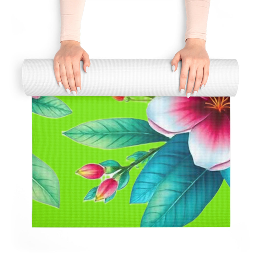 Hummingbird Floral Foam Yoga Mat | Tropical Flowers, Green Background Printify