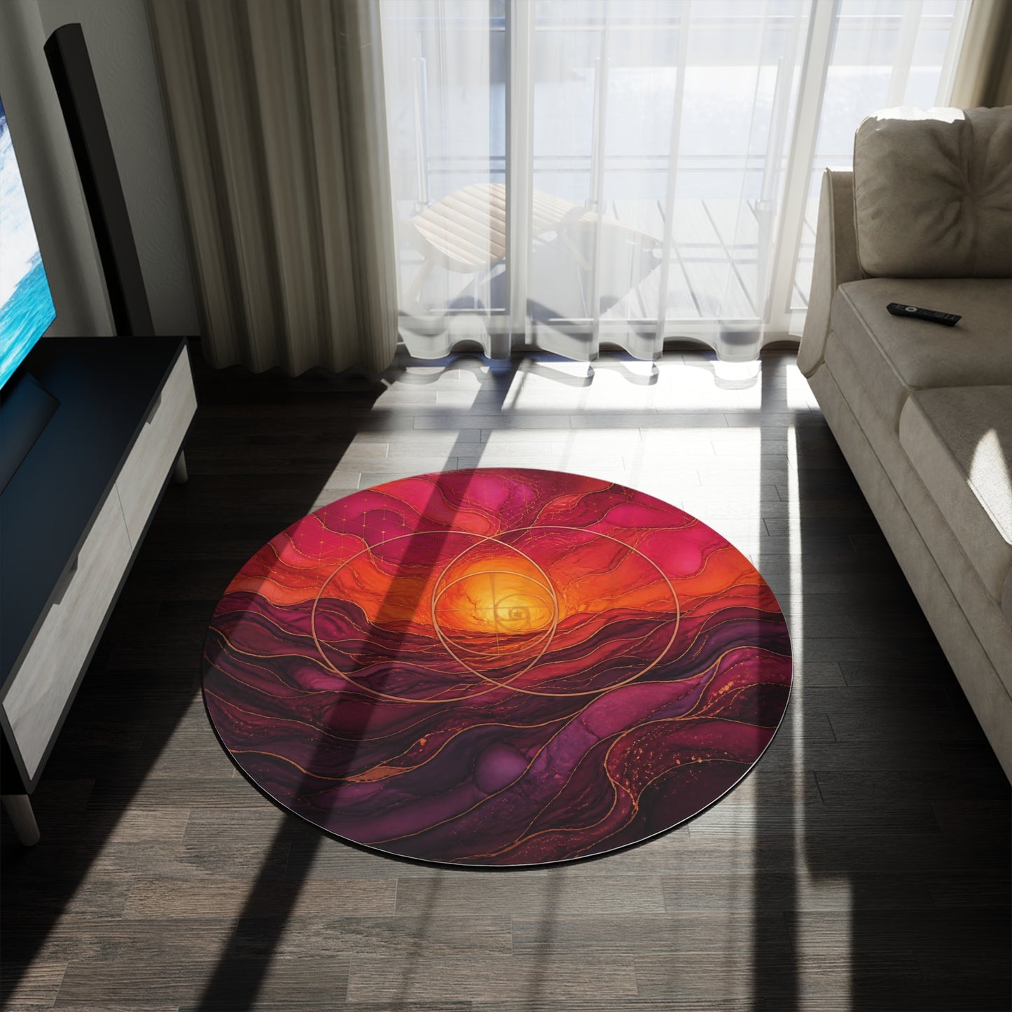 Enchanted Waterfall Fantasy Round Rug | Sunset Sacred Geometry Washable Floor Mat | Boho Mandala Living Room Decor | Non-Slip Printify