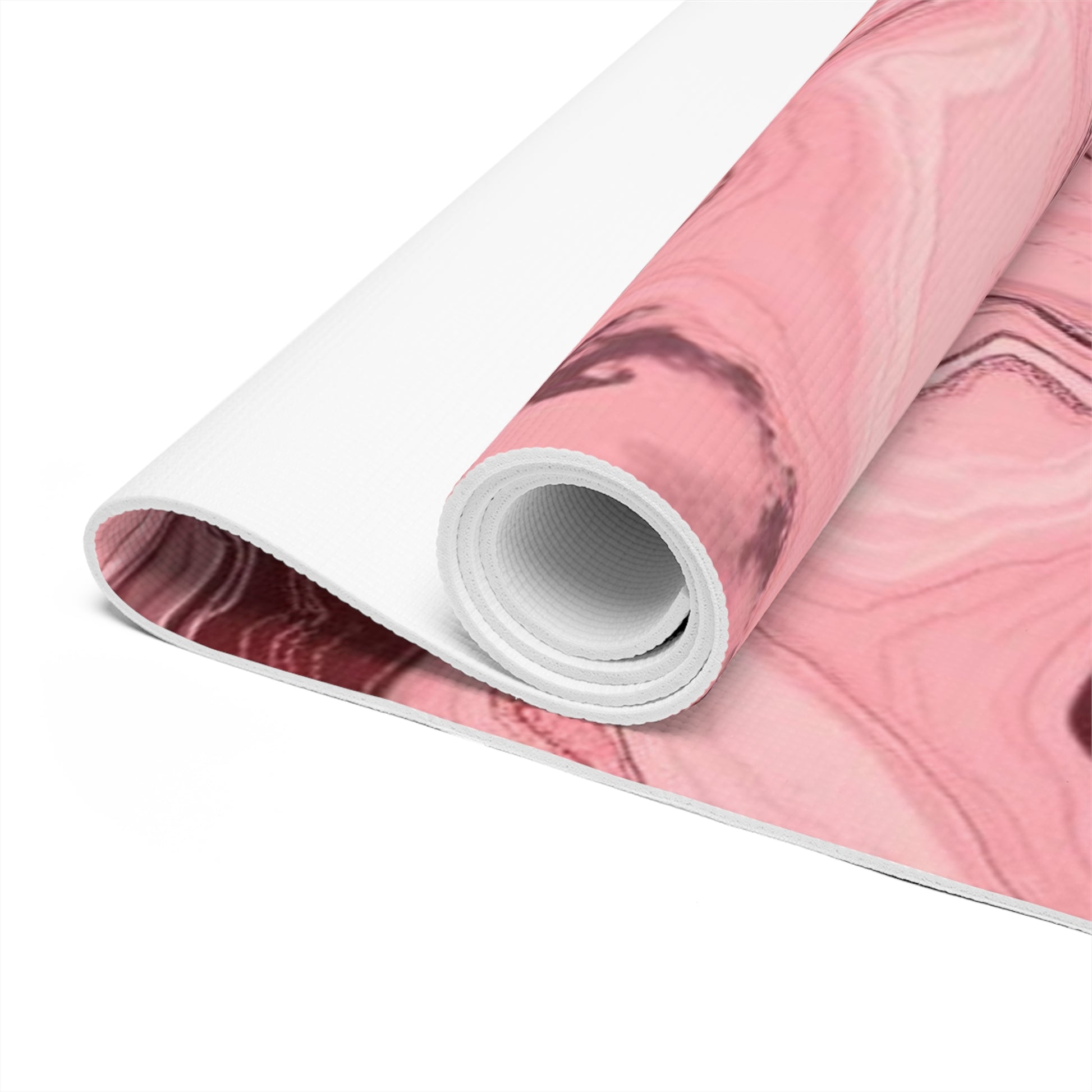 Pink marble swirl foam yoga mat with pink agate pattern, ideal for home decor and yoga practice.