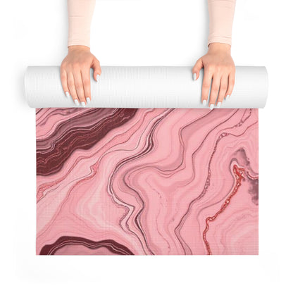 Pink marble swirl foam yoga mat with pink agate pattern, ideal for home decor and yoga practice.