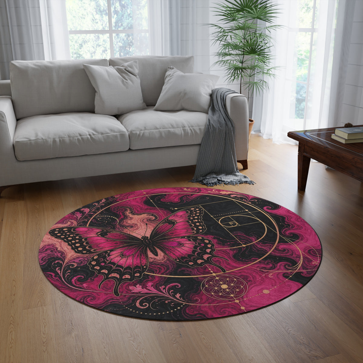 Pink Butterfly Fibonacci Round Rug | Mystic Floral Geometric Accent Printify