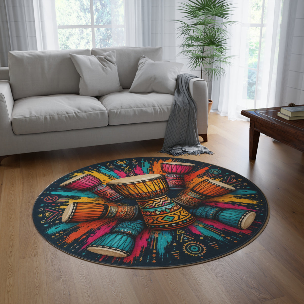 Colorful Djembe Drum Mandala Round Rug | Boho Tribal Drumming Floor Mat Printify
