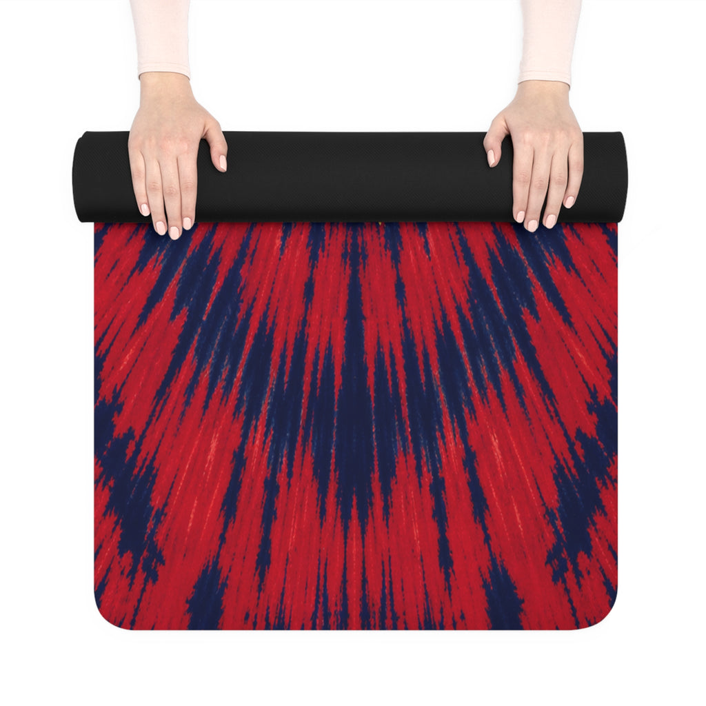 Yoga Love tie dye rubber yoga mat | red blue spiral, hand-lettered script
