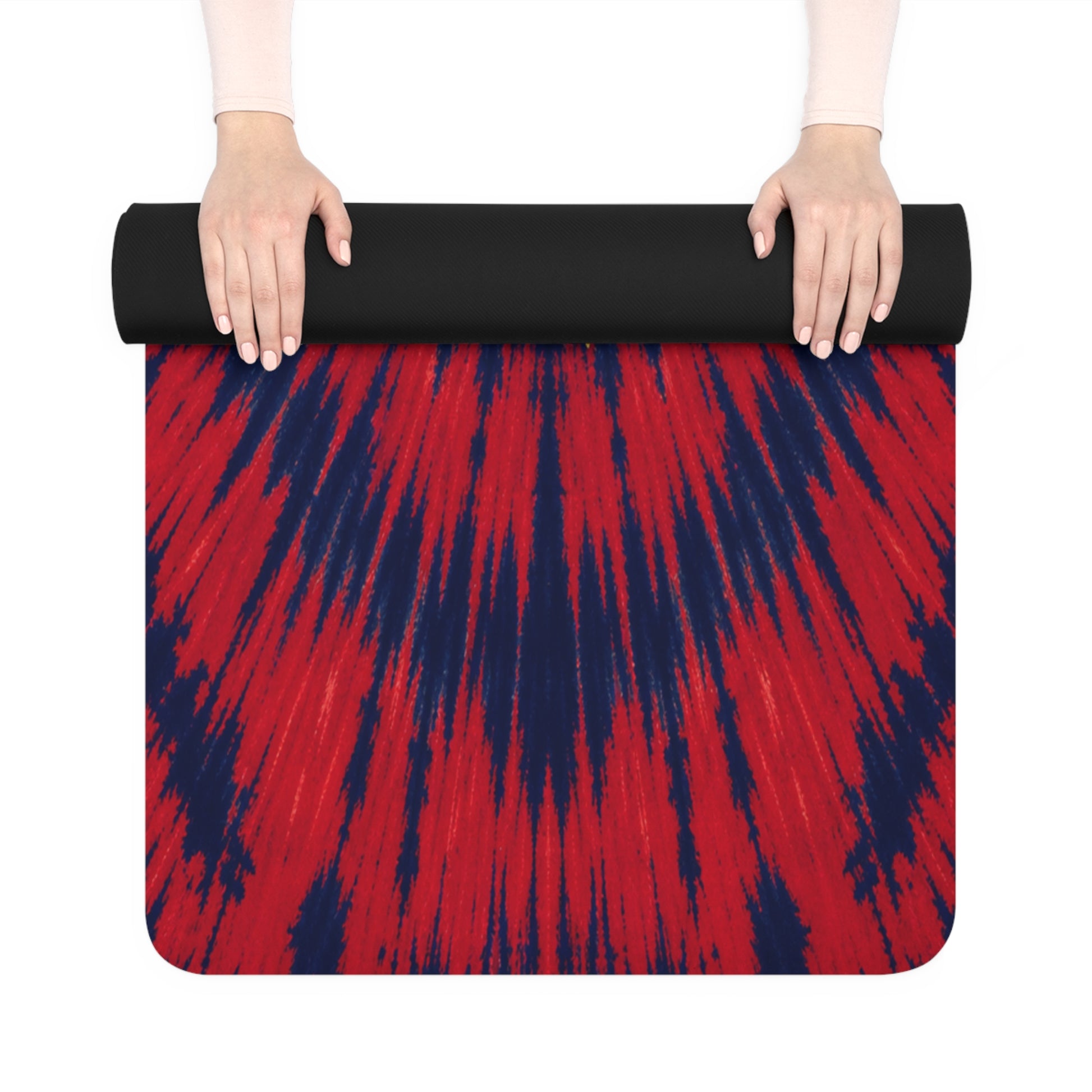 Yoga Love tie dye rubber yoga mat | red blue spiral, hand-lettered script - Best Yoga Mats for Home Workouts
