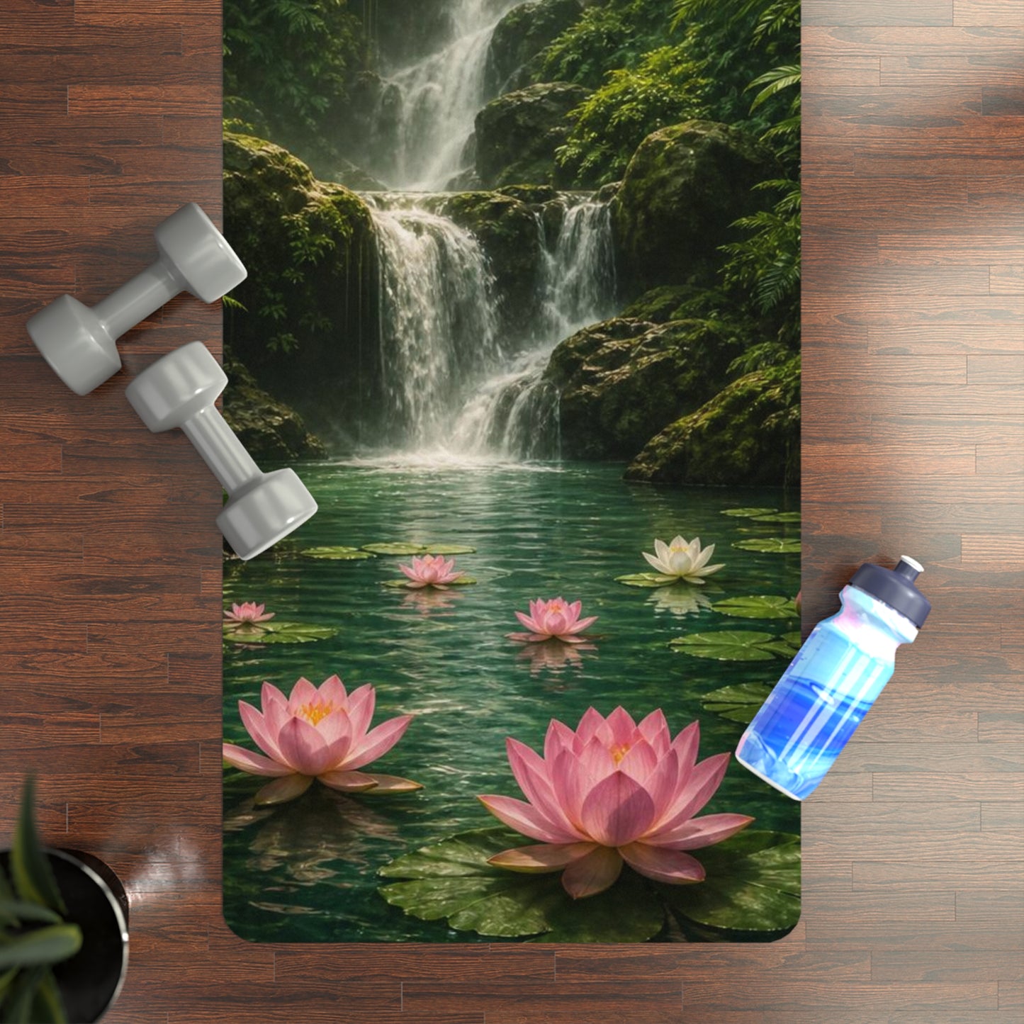 Waterfall Lotus Scene Rubber Yoga Mat | Tropical Serenity, Floral Meditation - Best Yoga Mats for Home Workouts