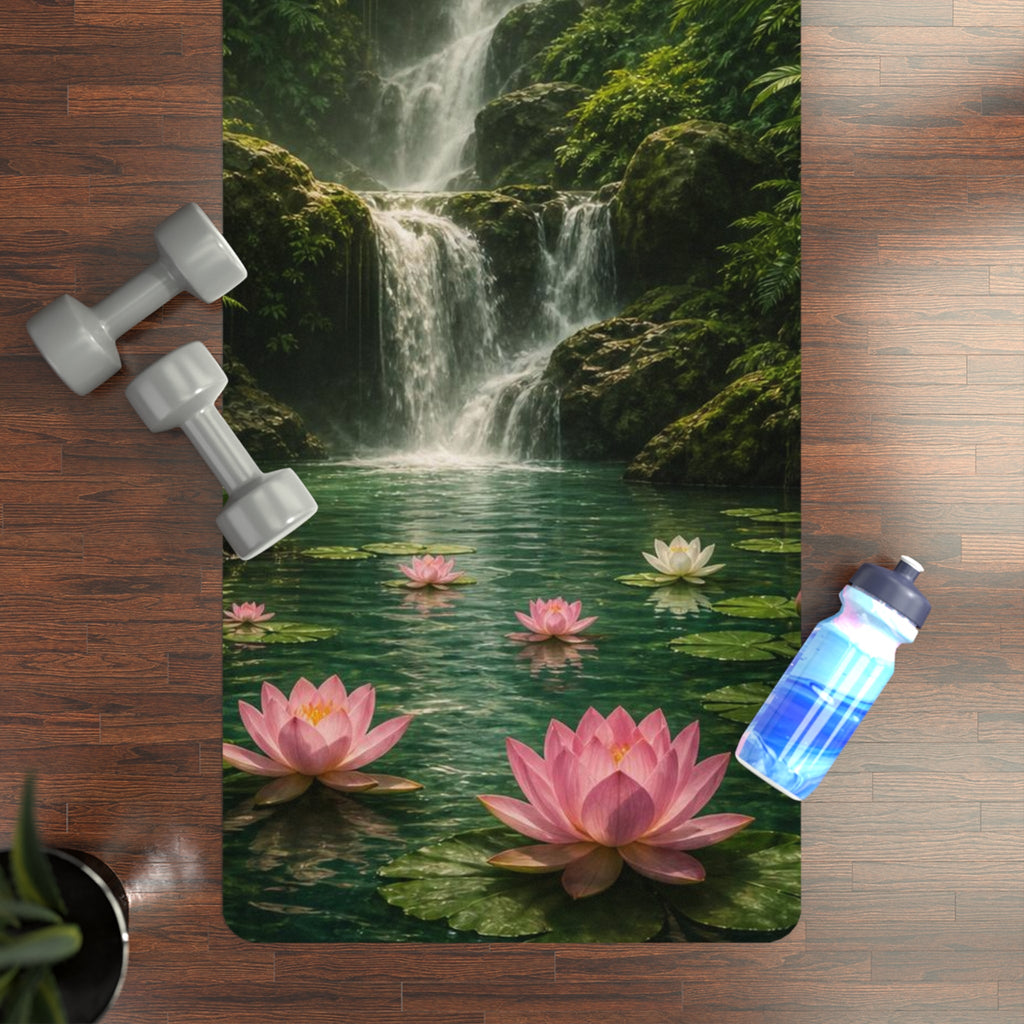 Waterfall Lotus Scene Rubber Yoga Mat | Tropical Serenity, Floral Meditation Printify