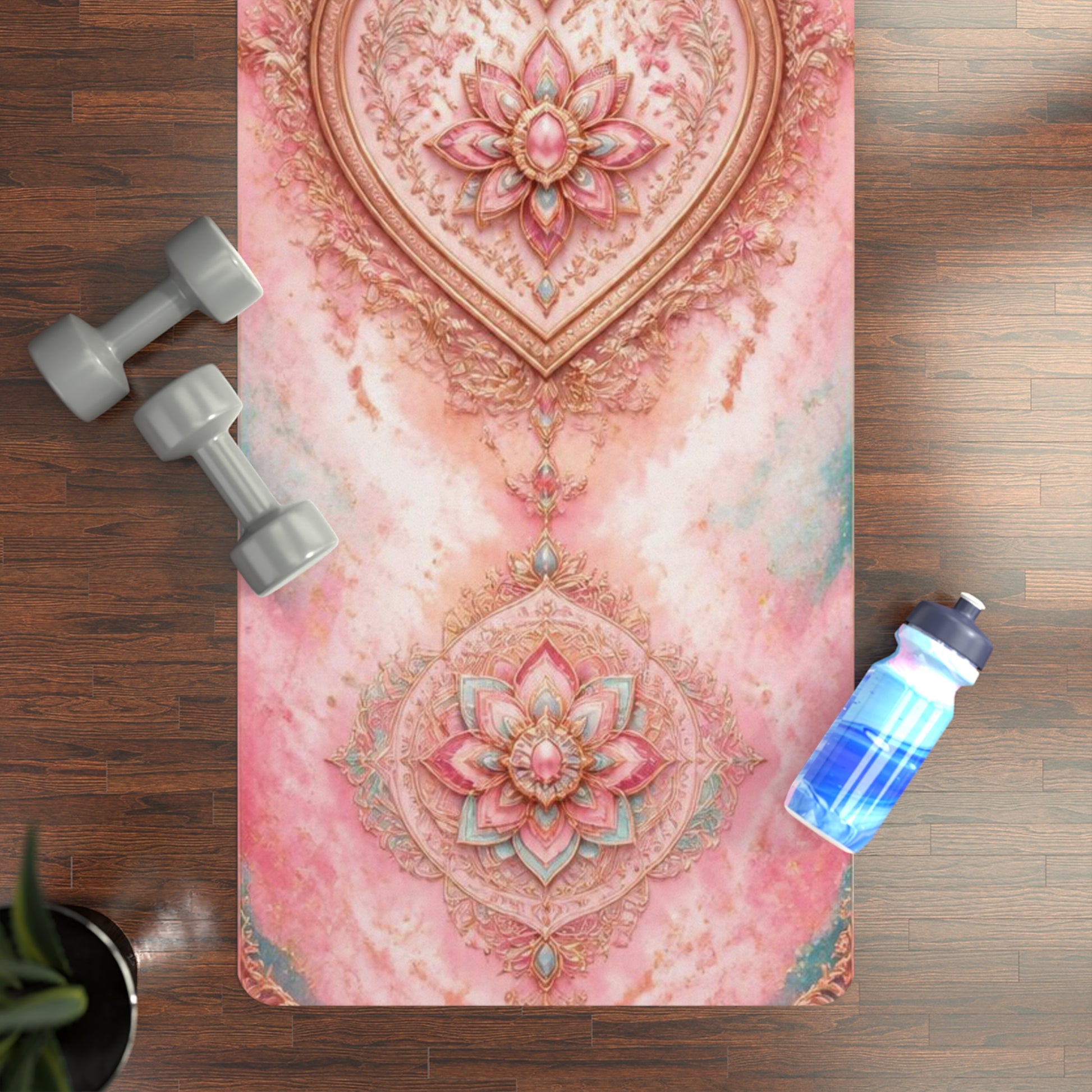 Floral Heart Mandala Rubber Yoga Mat | Pink Lotus Meditation Mat - Best Yoga Mats for Home Workouts
