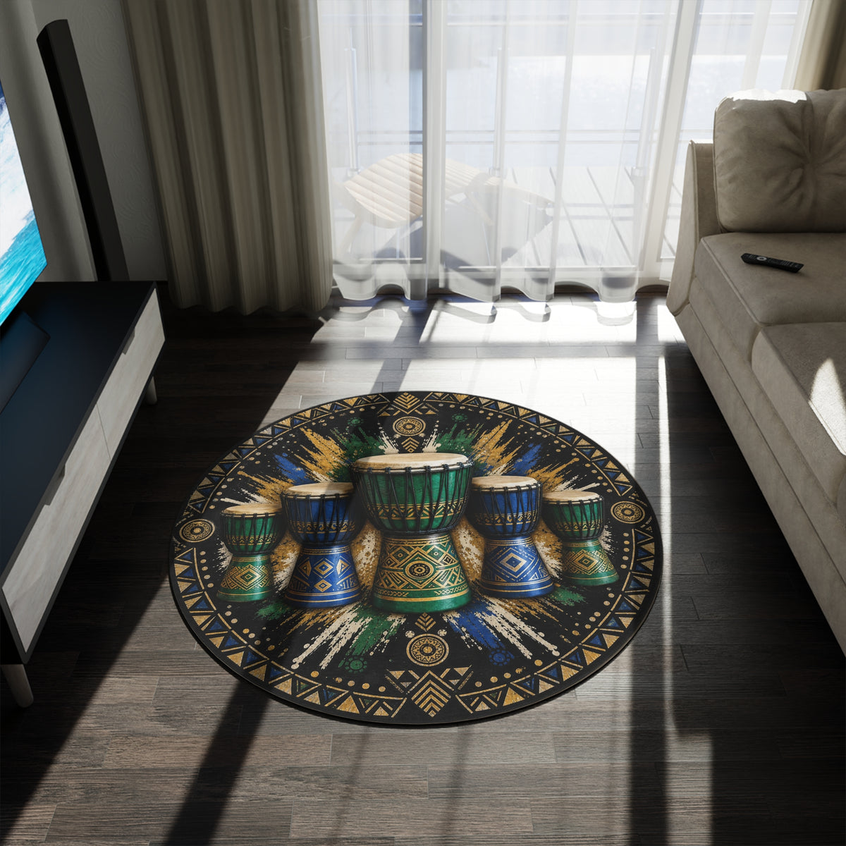 African Djembe Drum Pattern Round Rug | Tribal Percussion Boho Floor Mat Printify