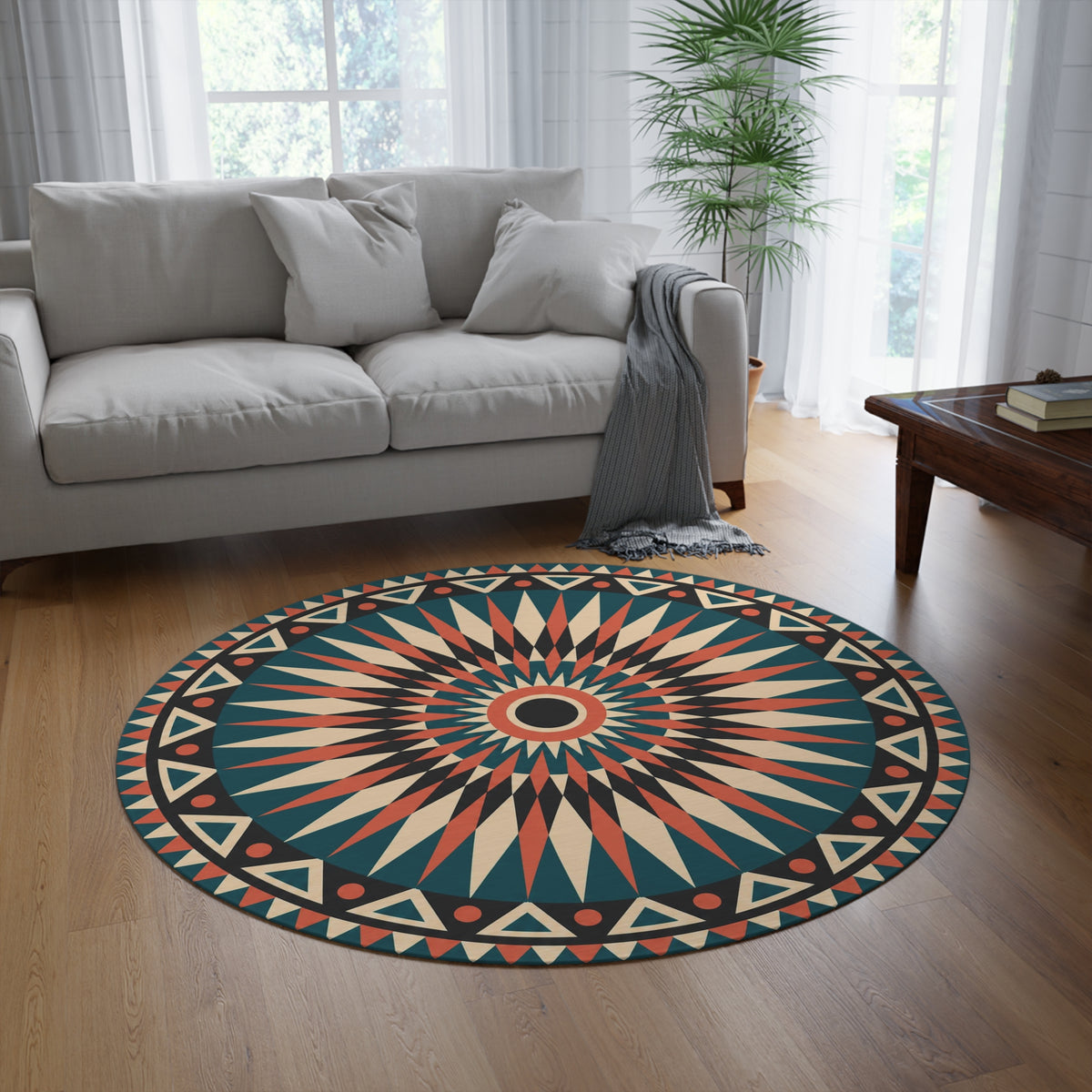 Geometric Starburst Mandala Round Rug | Boho Aztec Pattern Floor Decor Printify