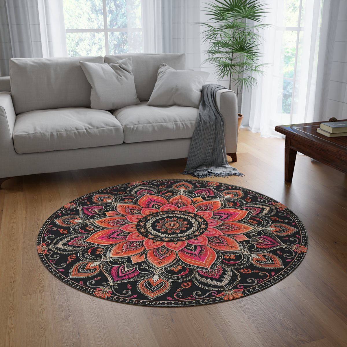 Boho Mandala Round Rug | Floral Lotus Pattern, Pink Orange on Black Printify