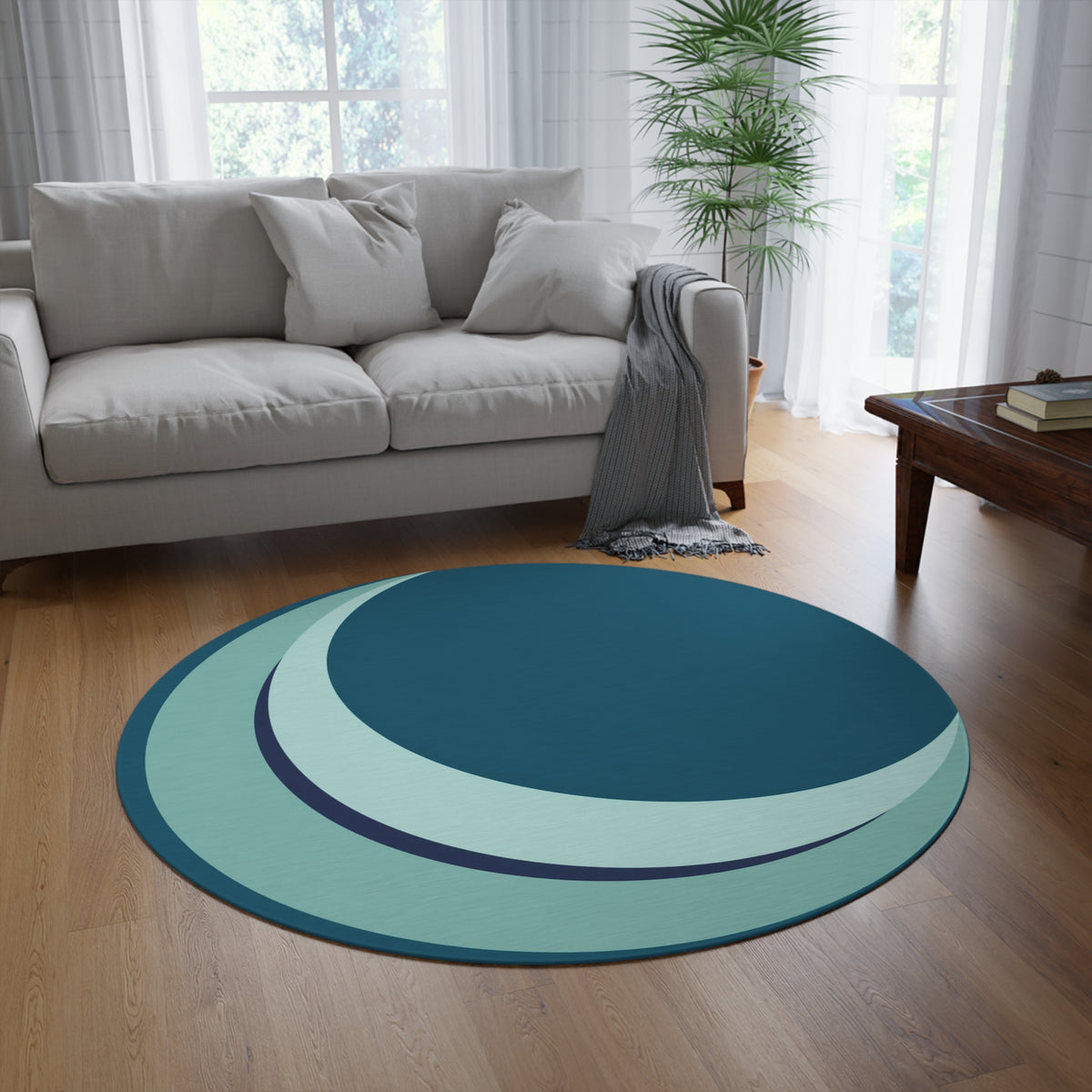 Teal Crescent Moon Round Rug | Modern Geometric Nursery Accent Printify