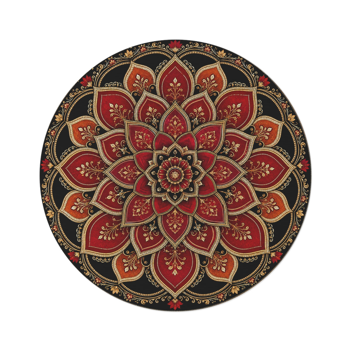 Red Gold Mandala Round Rug | Boho Floor Decor Printify