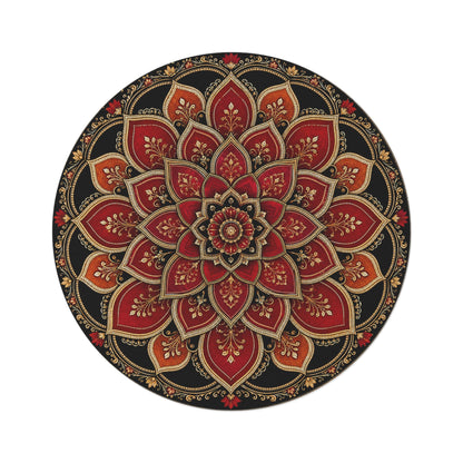 Red Gold Mandala Round Rug | Boho Floor Decor Printify