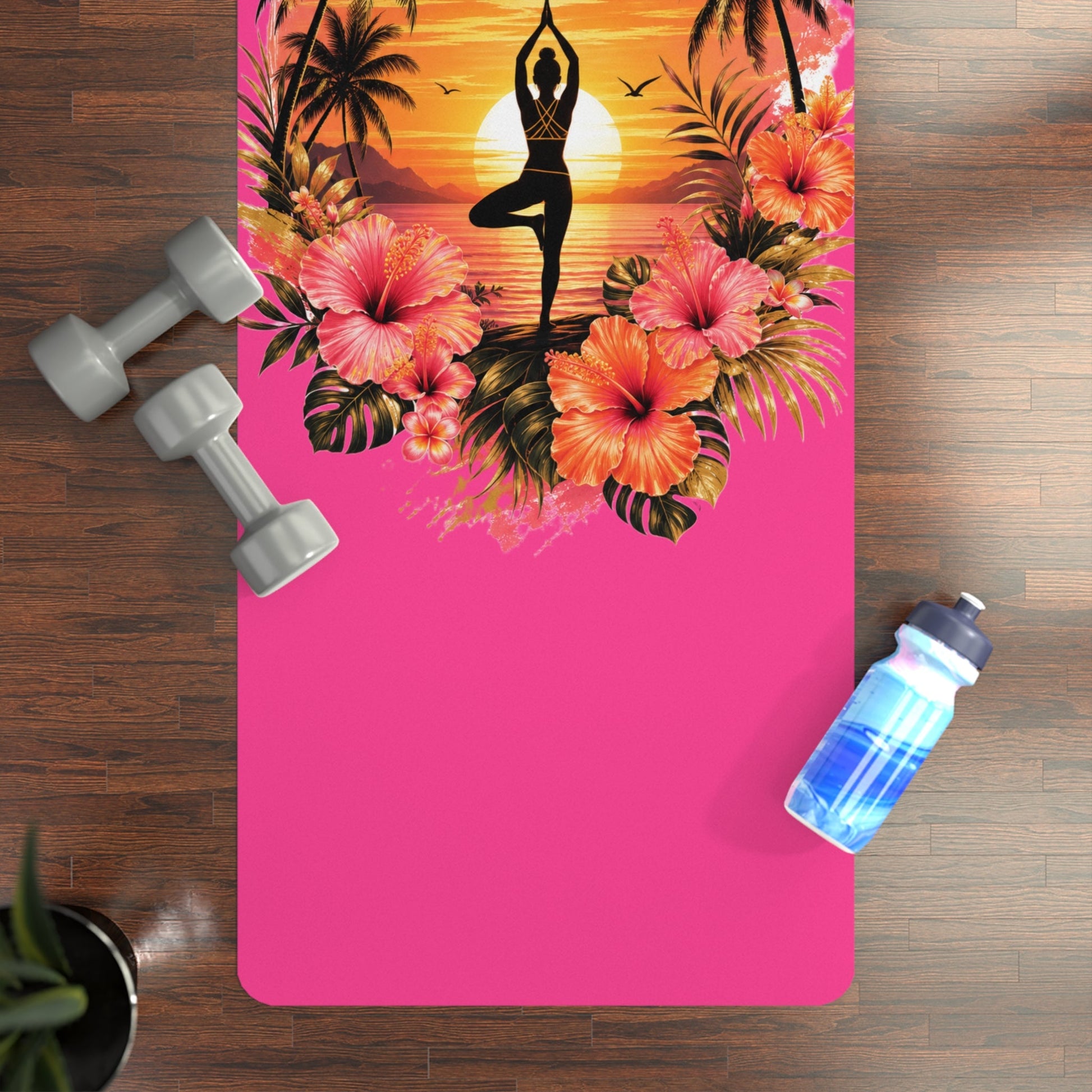 Sunset Yoga Pose Rubber Yoga Mat | Tropical Palm Hibiscus Design - Best Yoga Mats for Home Workouts