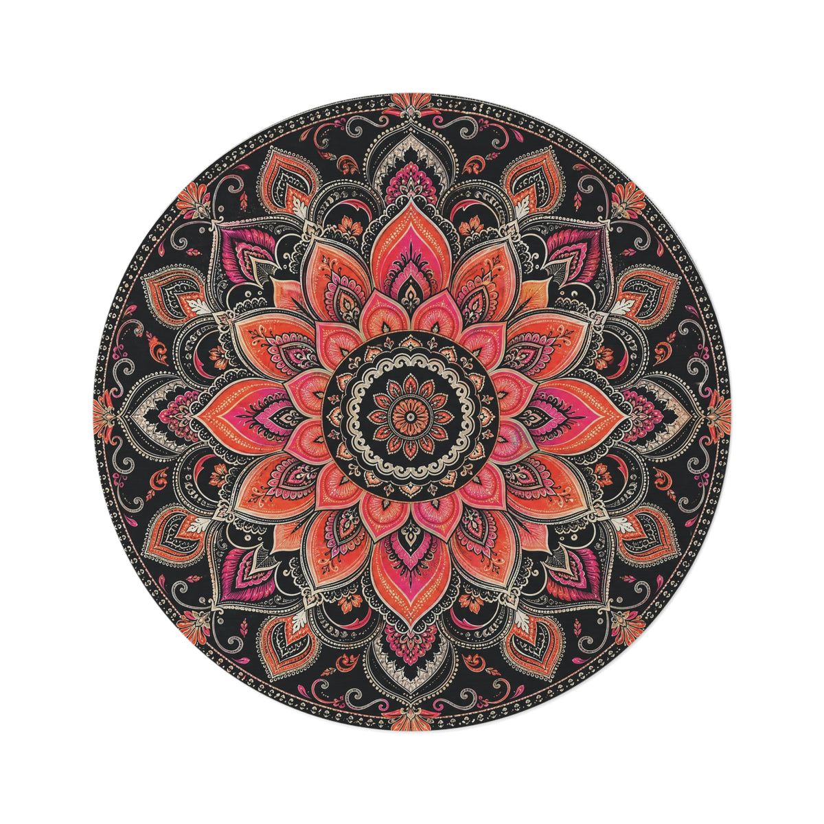 Boho Mandala Round Rug | Floral Lotus Pattern, Pink Orange on Black Printify