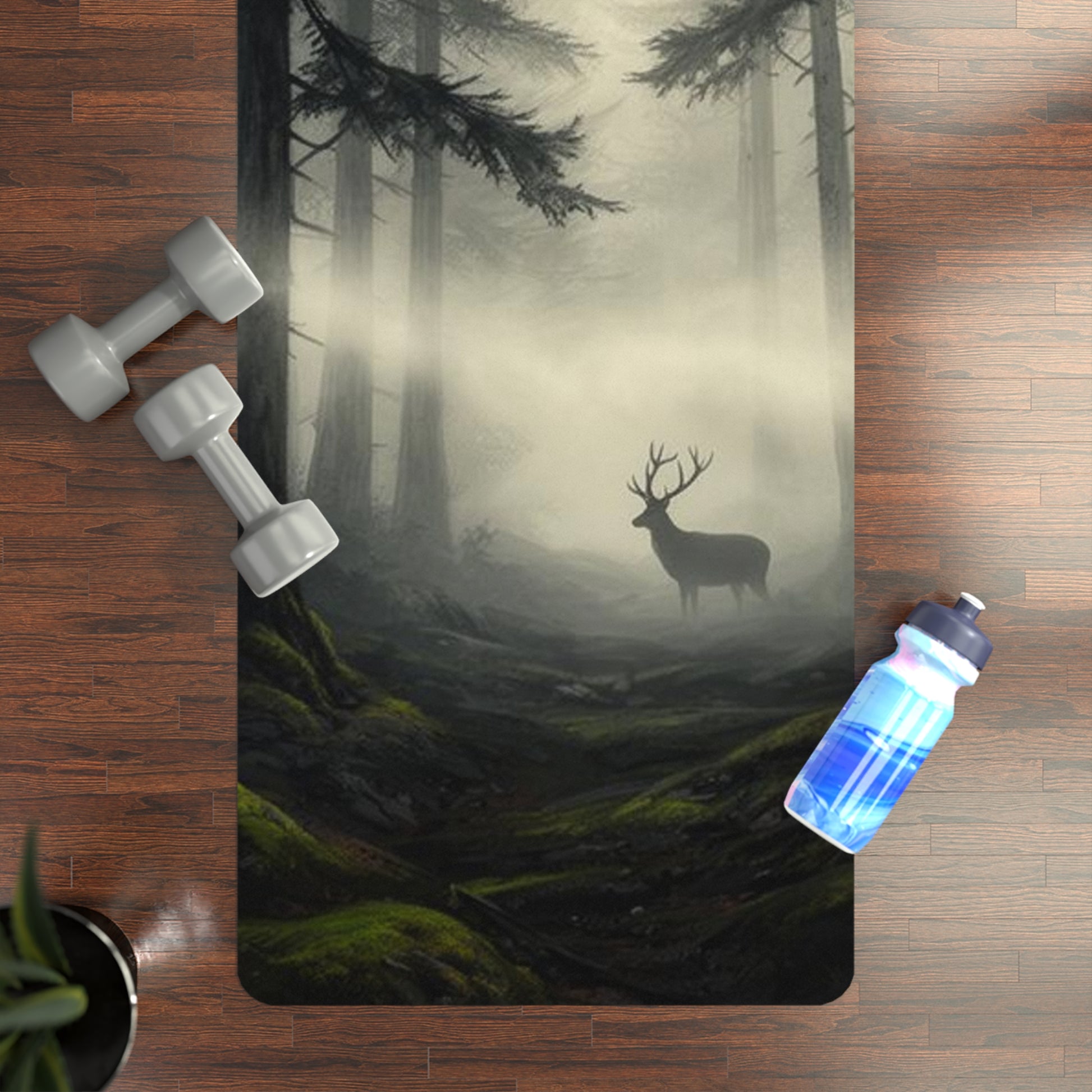 Misty Forest Deer Rubber Yoga Mat | Woodland Fog Landscape - Best Yoga Mats for Home Workouts