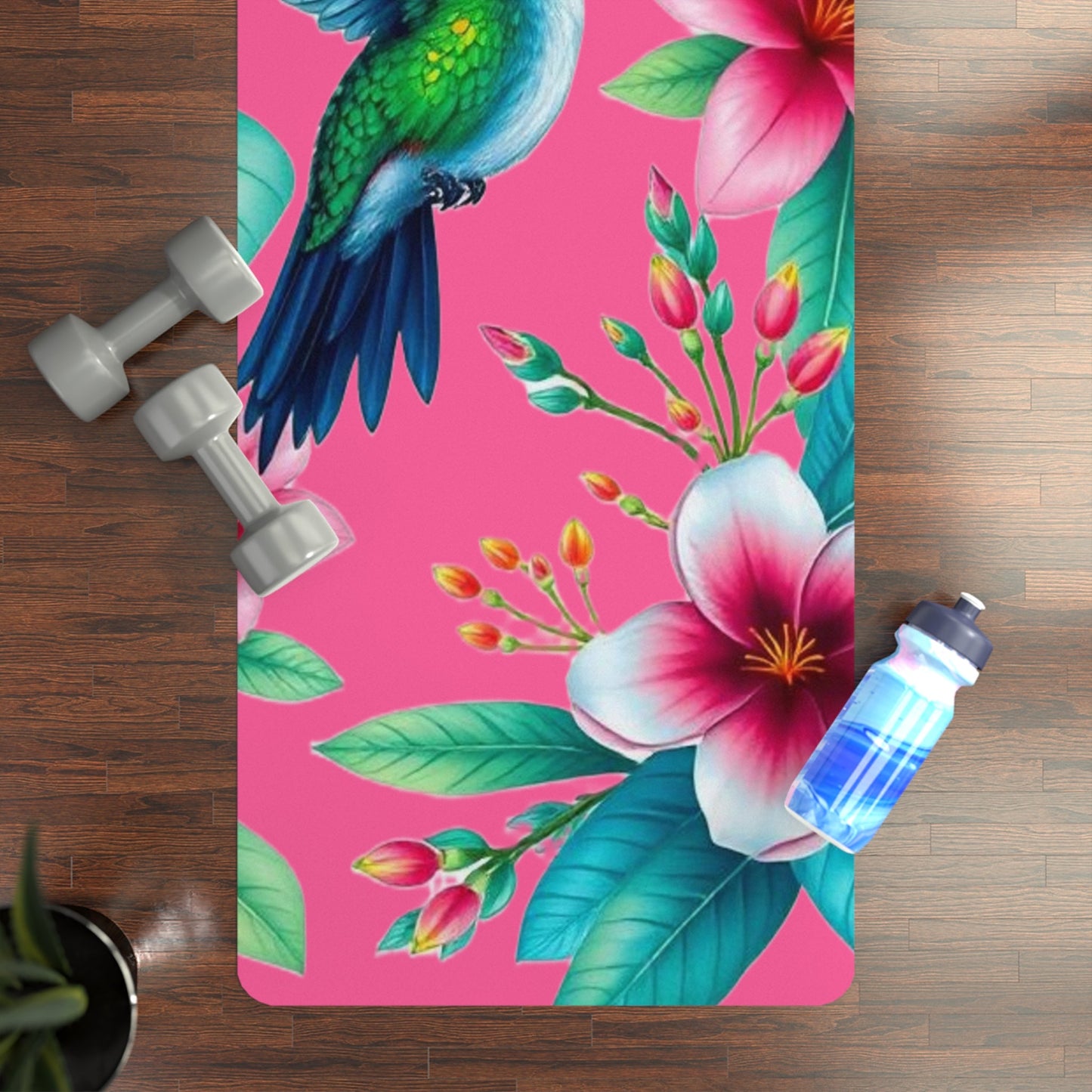 Hummingbird Floral Rubber Yoga Mat | Tropical Flowers, Pink Background - Best Yoga Mats for Home Workouts