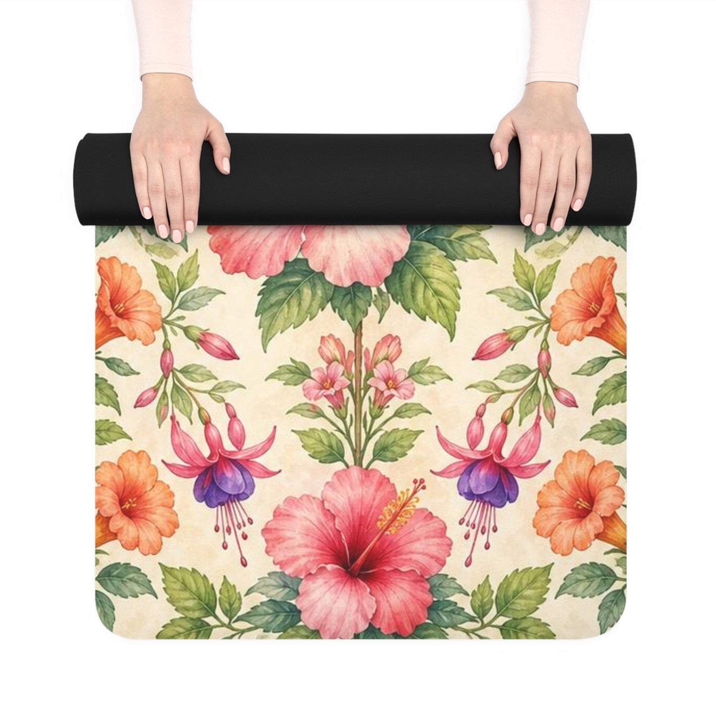 Hummingbird Floral Pattern Rubber Yoga Mat | Tropical Hibiscus Botanical Design - Best Yoga Mats for Home Workouts