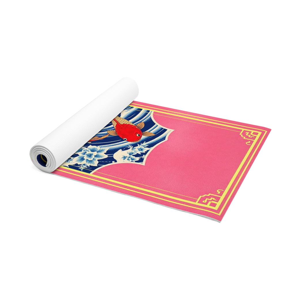 Koi Fish Cherry Blossom Foam Yoga Mat | Pink Blue Japanese Wave Design Printify