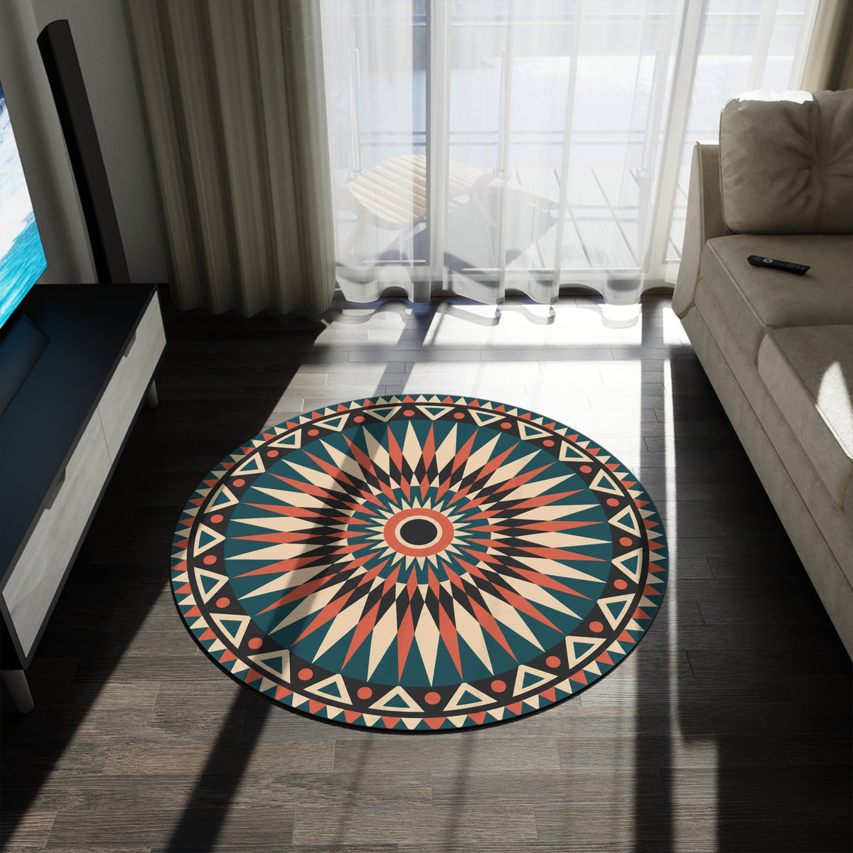 Geometric Starburst Mandala Round Rug | Boho Aztec Pattern Floor Decor Printify