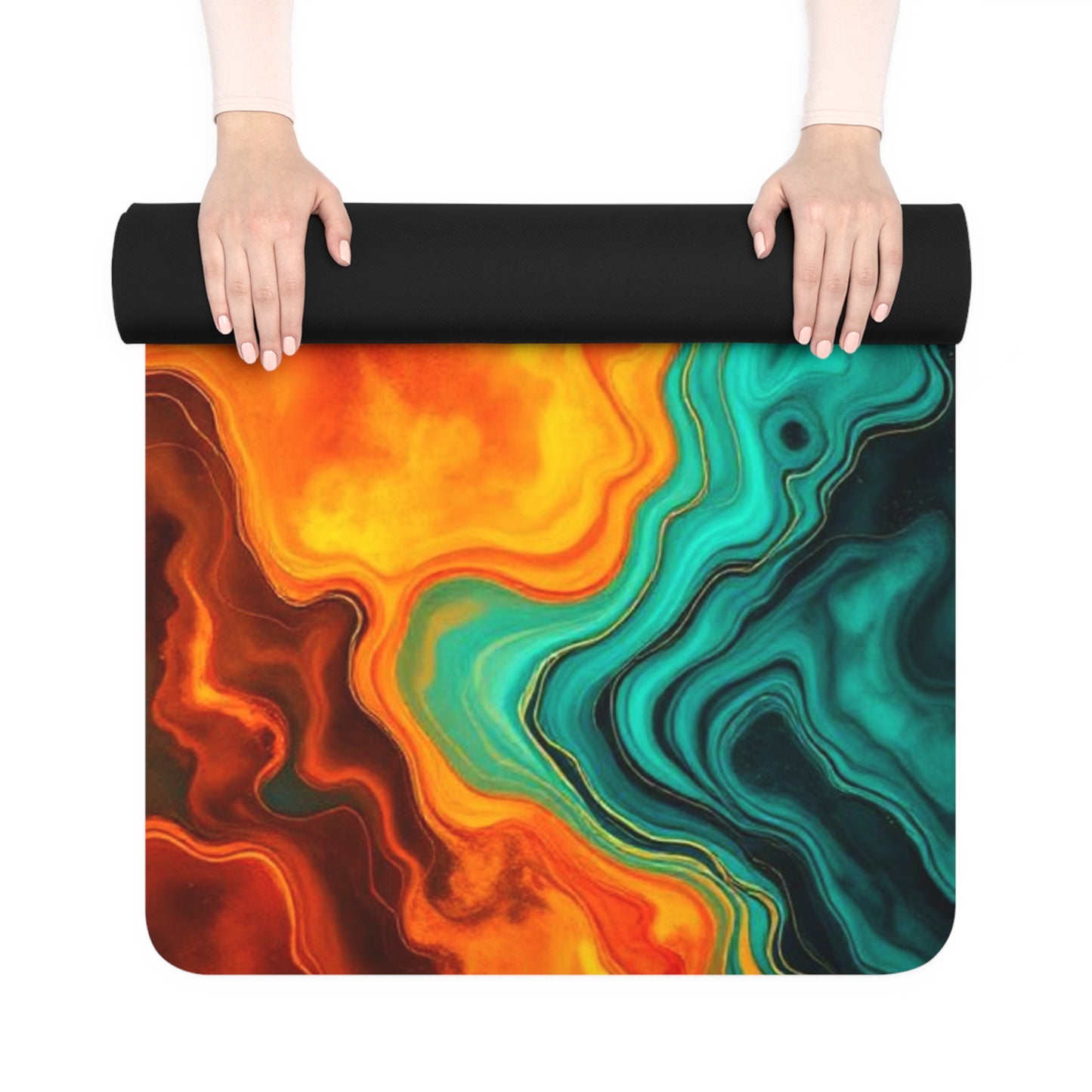 Teal & Amber Marble Swirl Leaves Rubber Yoga Mat | Abstract Nature Resin Art - Best Yoga Mats for Home Workouts