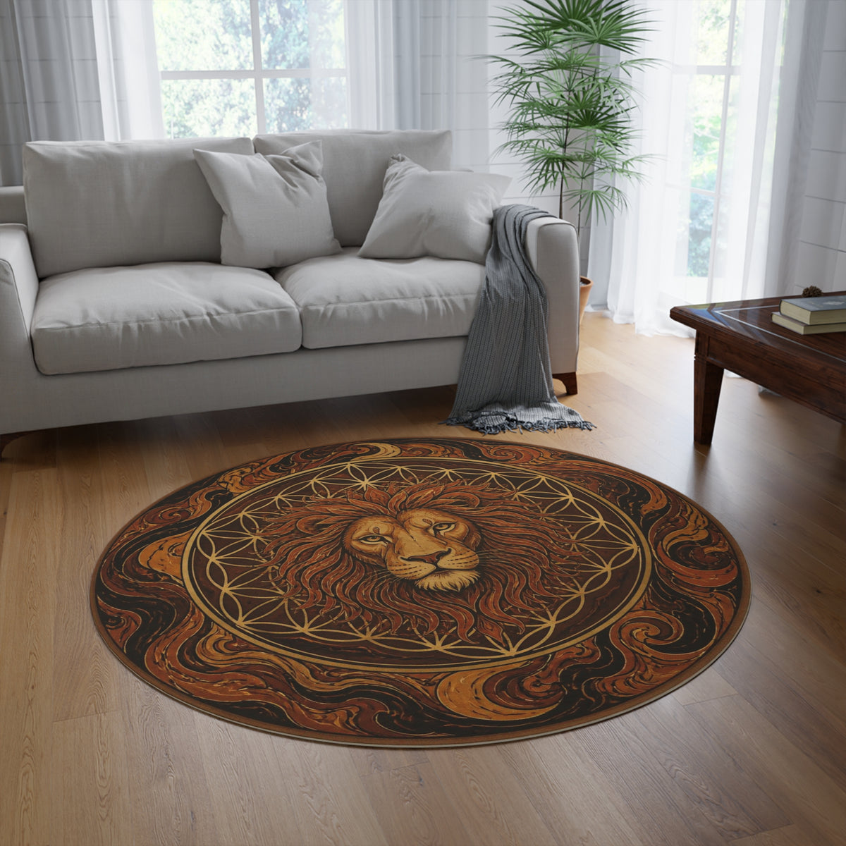Lion Mandala Round Rug | Boho Zodiac Decor, Earth Tone Lion Face Printify