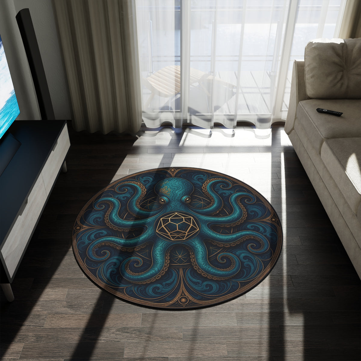 Octopus with D20 Round Rug | Nautical Fantasy Ocean Dice Design Printify