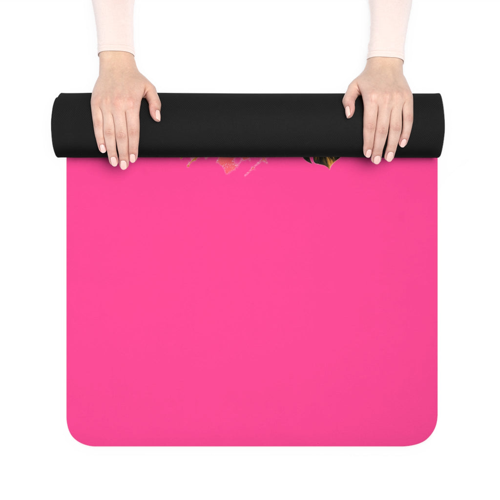 Sunset Yoga Pose Rubber Yoga Mat | Tropical Palm Hibiscus Design Printify