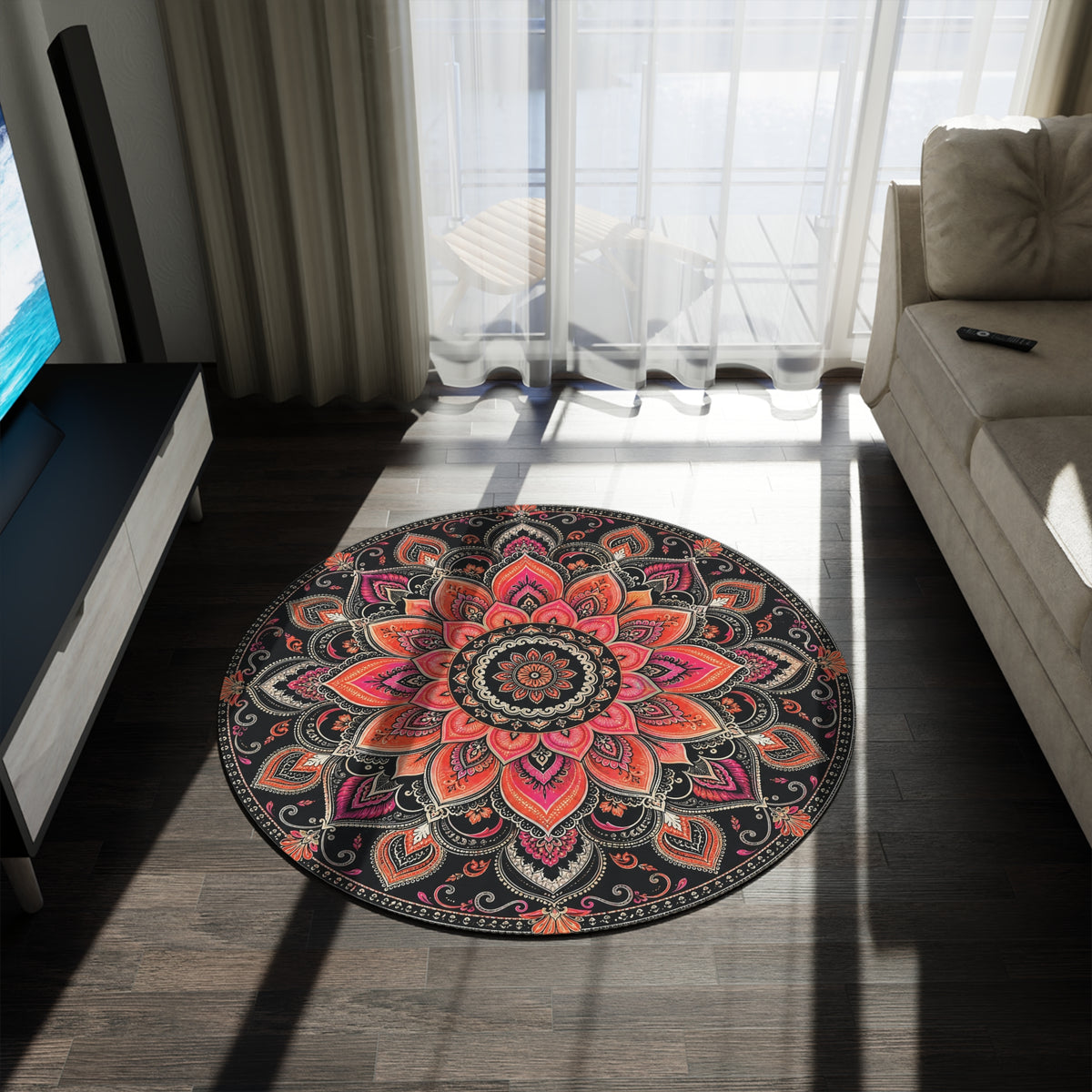 Boho Mandala Round Rug | Floral Lotus Pattern, Pink Orange on Black Printify