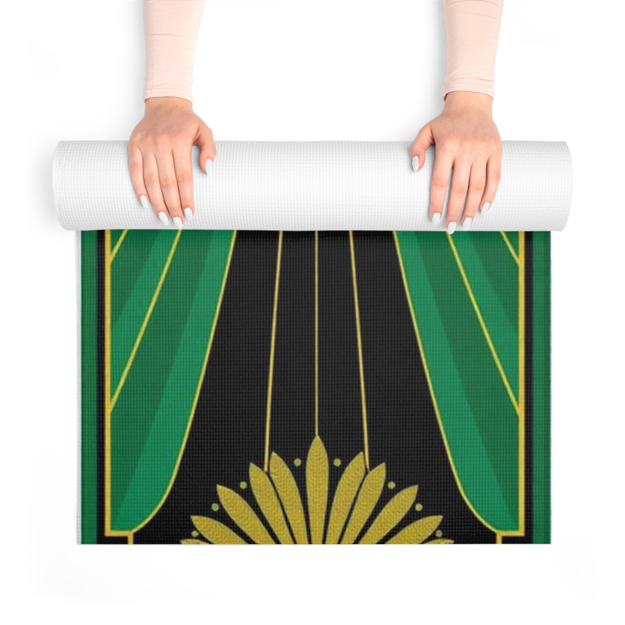 Art Deco Green Fan Pattern Foam Yoga Mat | Retro Geometric Exercise Mat