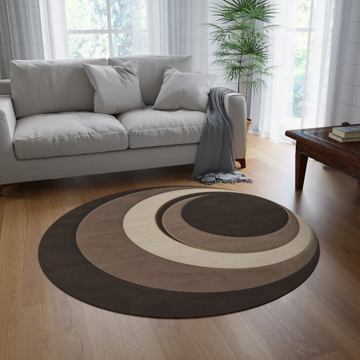 Neutral Crescent Layered Design Round Rug | Modern Boho Circle Pattern Printify