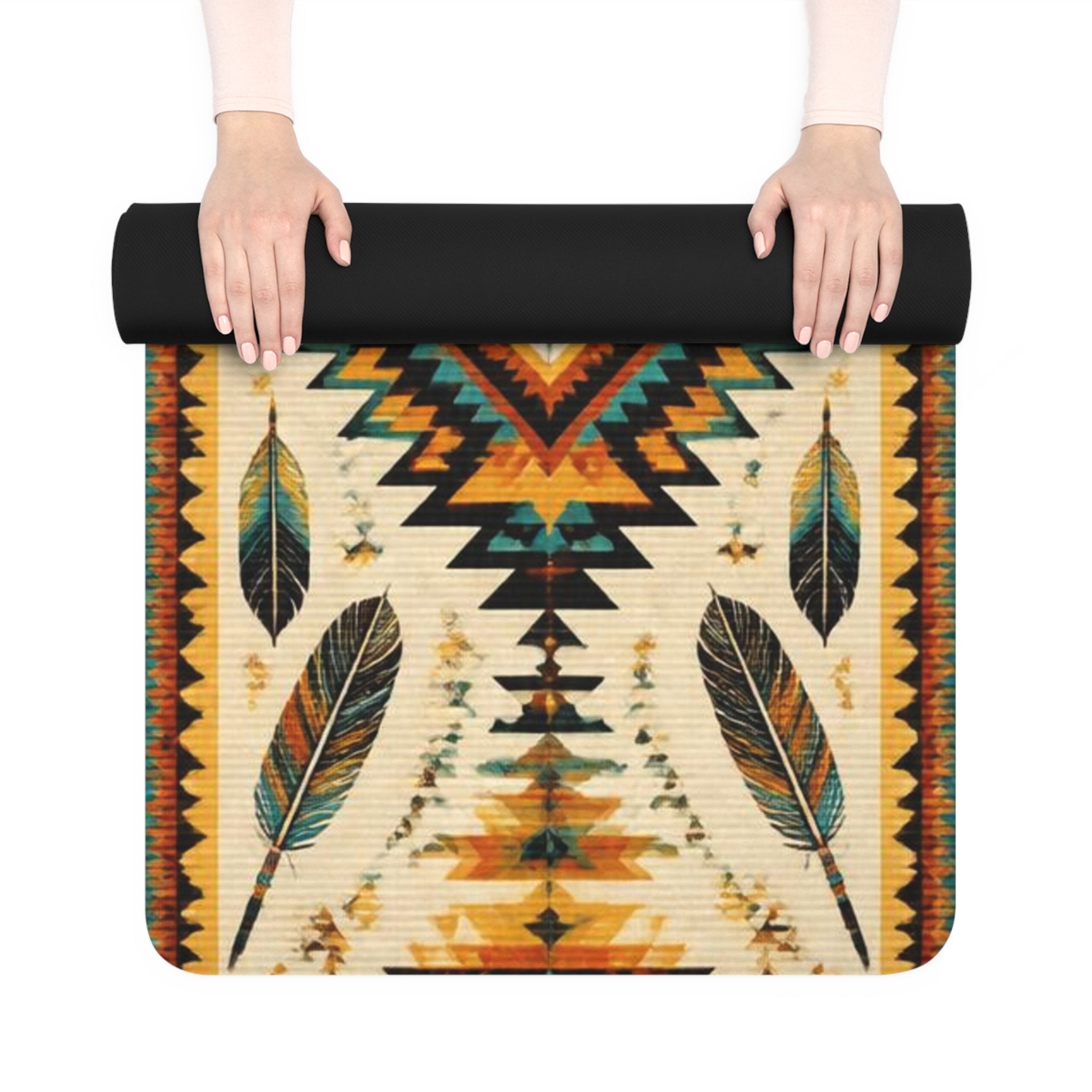Southwestern Aztec Pattern Rubber Yoga Mat | Tribal Feather Design Printify
