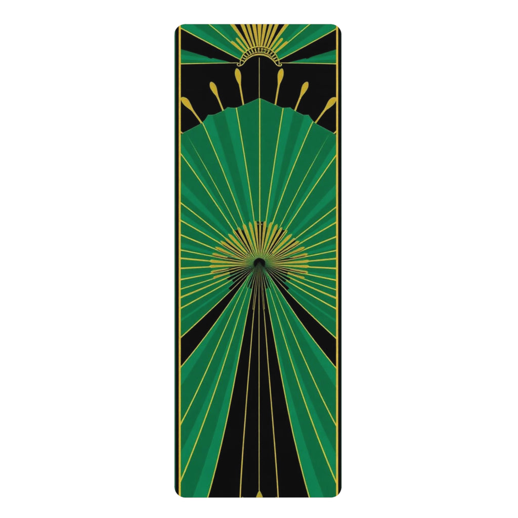 Green Art Deco Fan Rubber Yoga Mat | Geometric Sunburst Design