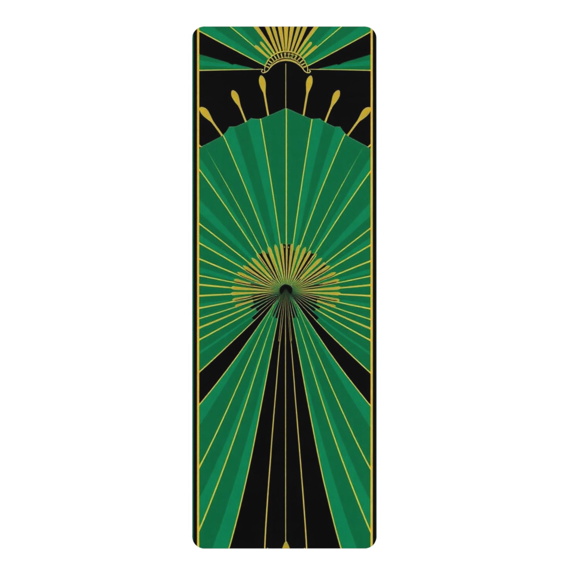 Green Art Deco Fan Rubber Yoga Mat | Geometric Sunburst Design - Best Yoga Mats for Home Workouts