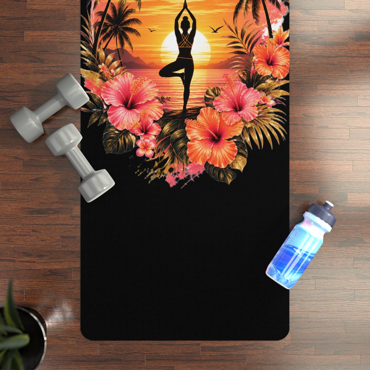Sunset Yoga Pose Rubber Yoga Mat | Tropical Palm Hibiscus Design - Best Yoga Mats for Home Workouts
