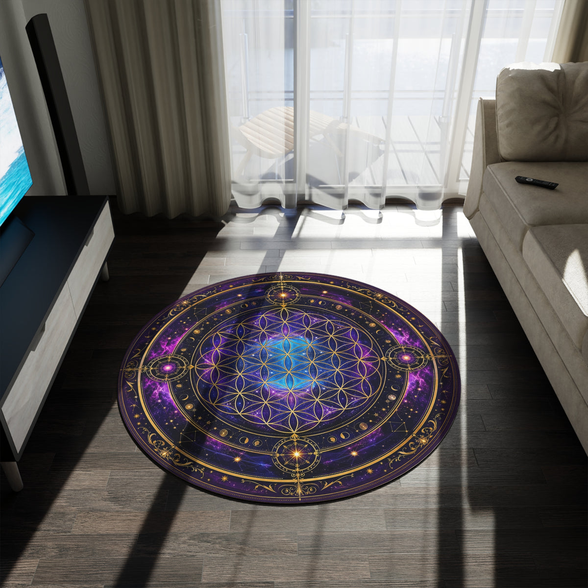 Round Mandala Area Rug, Celestial Boho Floor Mat, Sacred Geometry Home Decor, Meditation Rug, Bedroom Accent, Yoga Studio Decor Printify