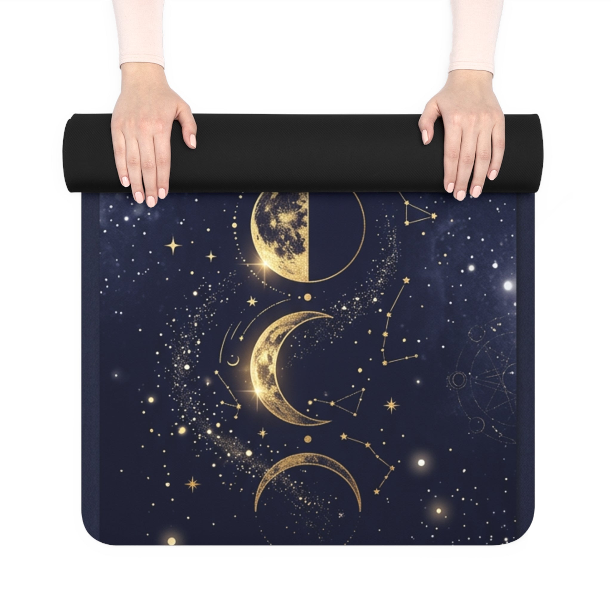 Golden Moon Phases Rubber Yoga Mat | Celestial Night Meditation Printify
