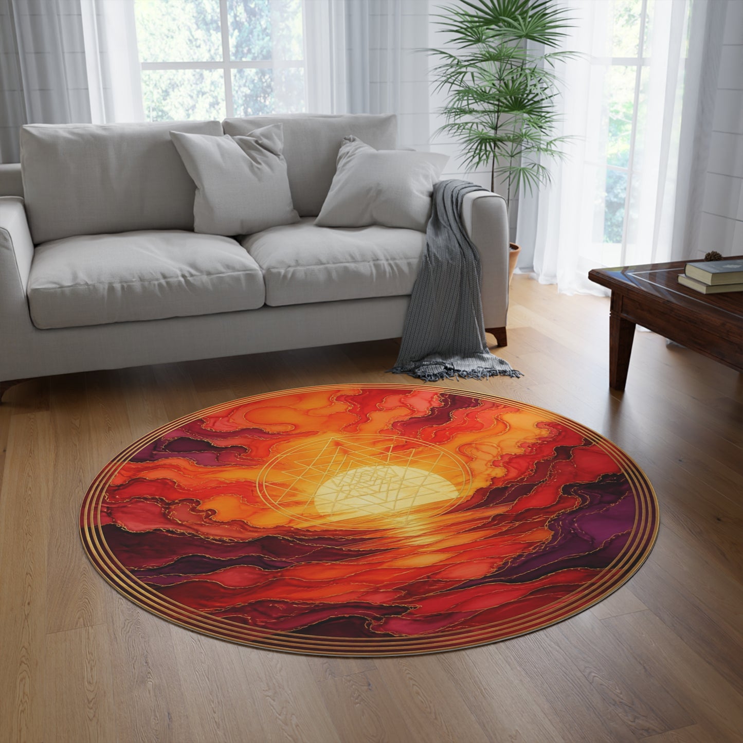 Enchanted Waterfall Fantasy Round Rug | Sunset Sacred Geometry Washable Floor Mat | Boho Mandala Living Room Decor | Non-Slip Printify