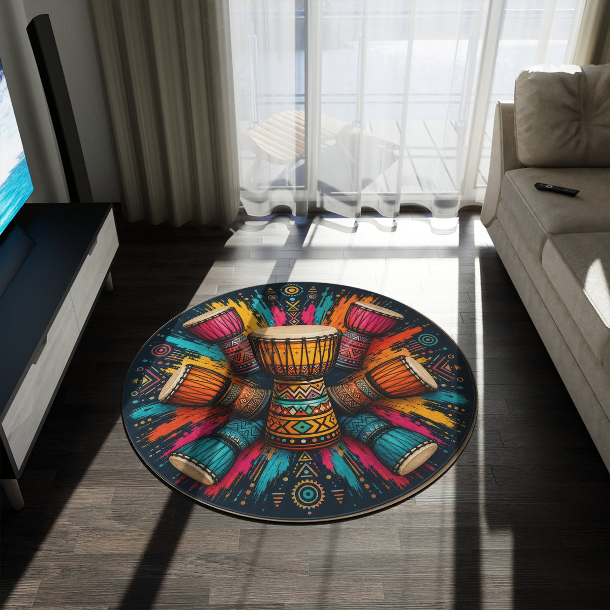 Colorful Djembe Drum Mandala Round Rug | Boho Tribal Drumming Floor Mat Printify