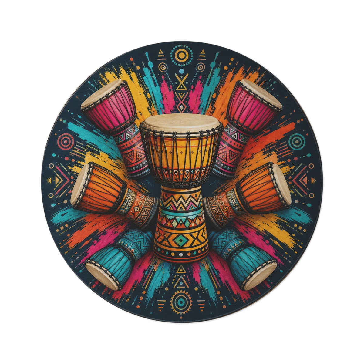 Colorful Djembe Drum Mandala Round Rug | Boho Tribal Drumming Floor Mat Printify