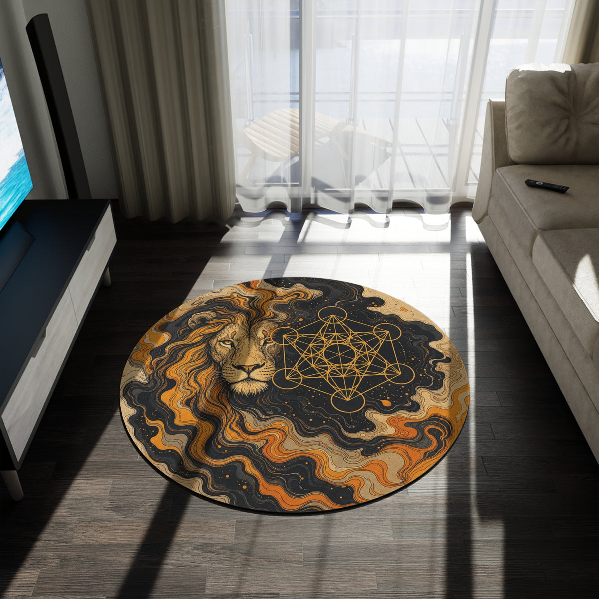 Lion with Sacred Geometry Round Rug | Astrological Boho Home Decor Printify