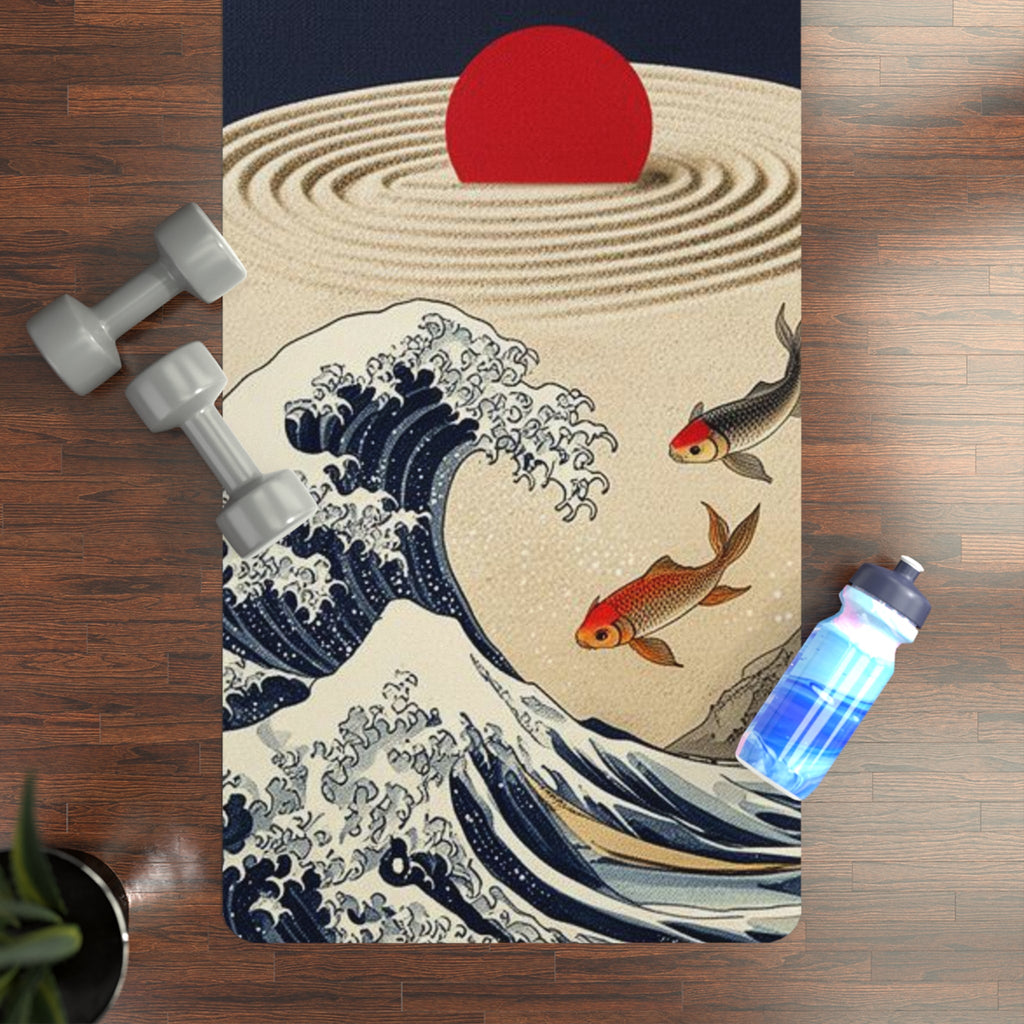 Koi Wave Sun Zen Garden Rubber Yoga Mat | Japanese Cherry Blossoms Printify