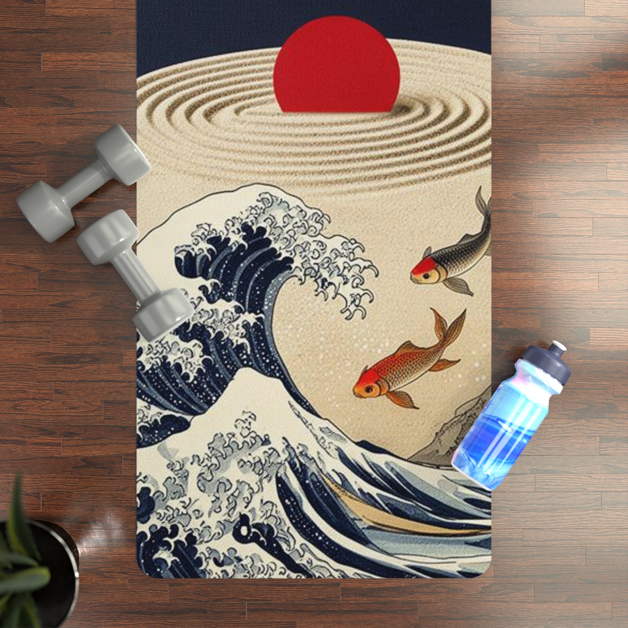 Koi Wave Sun Zen Garden Rubber Yoga Mat | Japanese Cherry Blossoms Printify