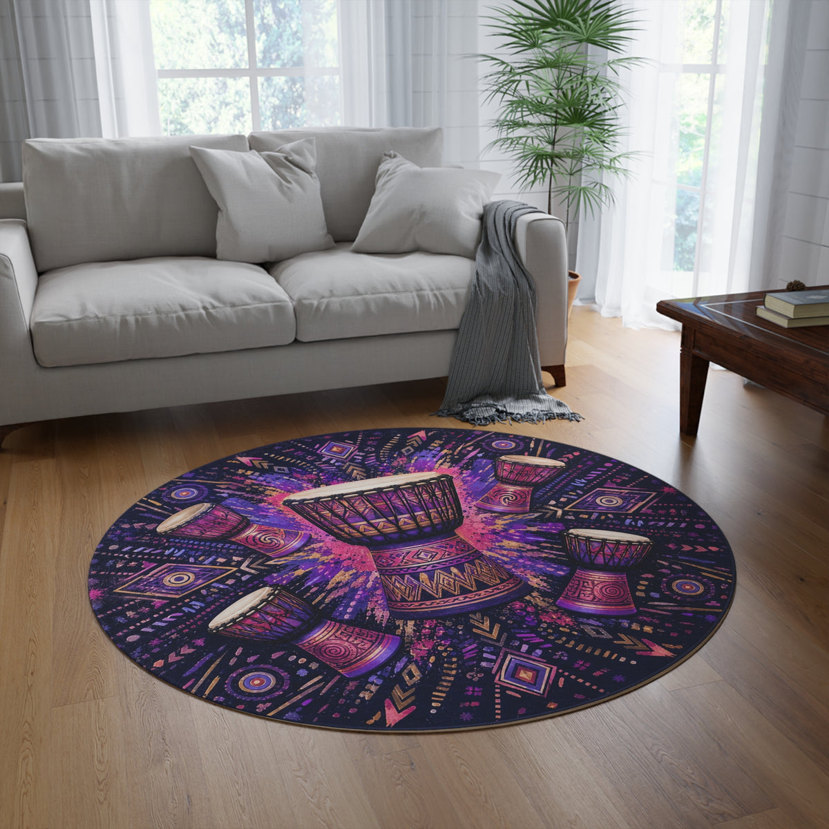 Tribal Djembe Drum Round Rug | Boho Music Mandala Floor Mat Printify