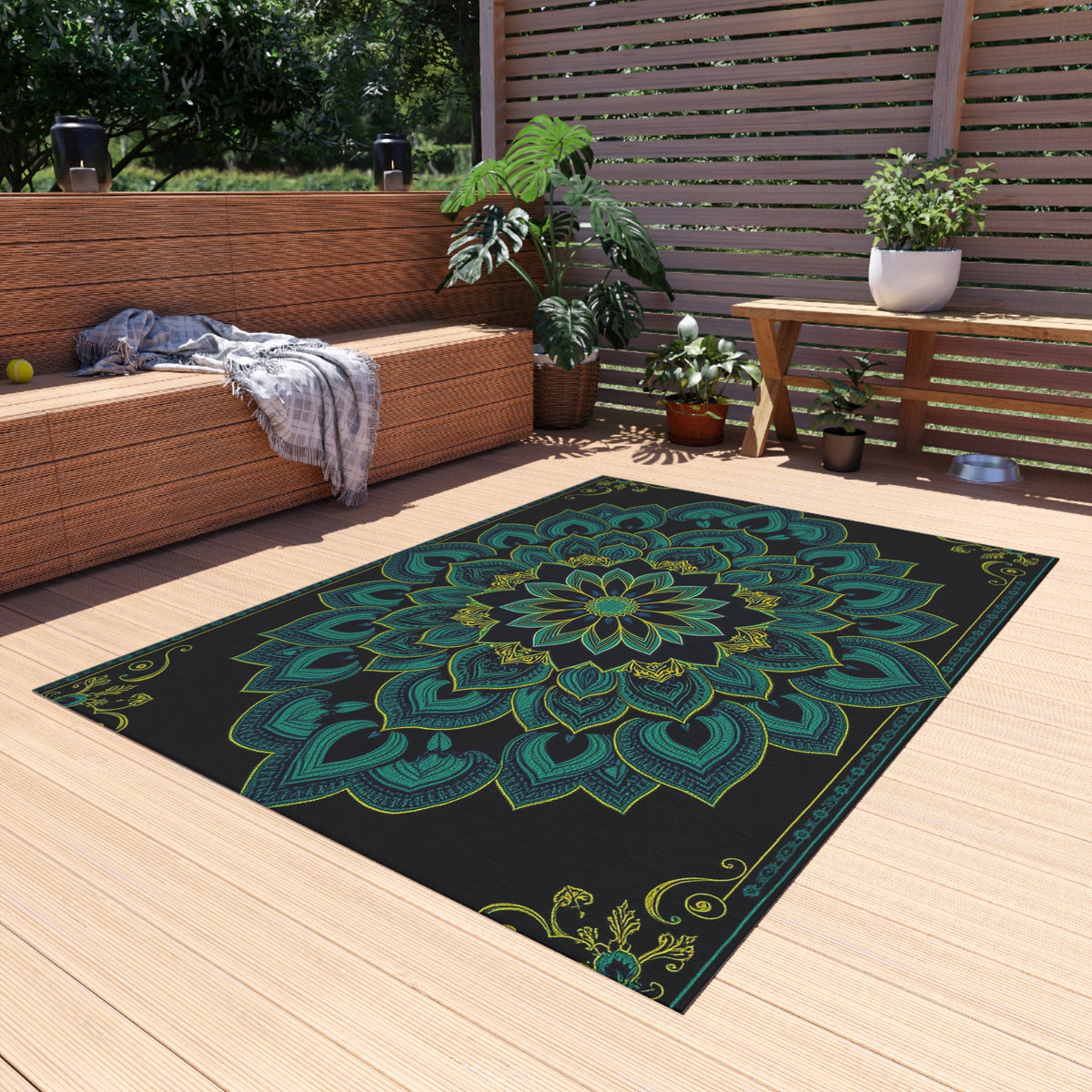 Teal Mandala Pattern Outdoor Rug | Boho Patio Mat Printify