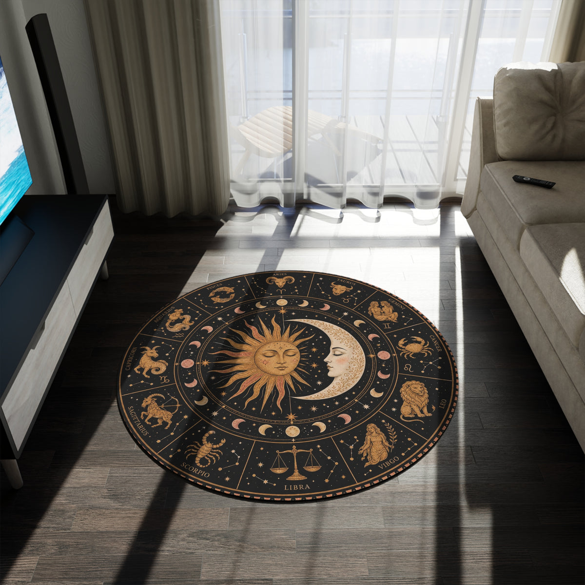 Sun and Moon Zodiac Wheel Round Rug | Astrology Symbols, Celestial Decor Printify
