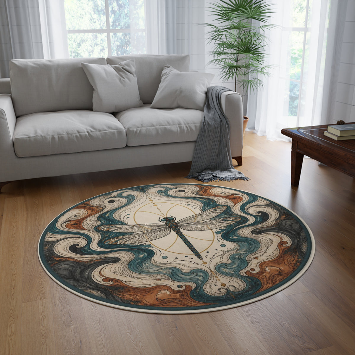 Dragonfly Mandala Round Rug | Boho Nature Medallion Carpet Printify