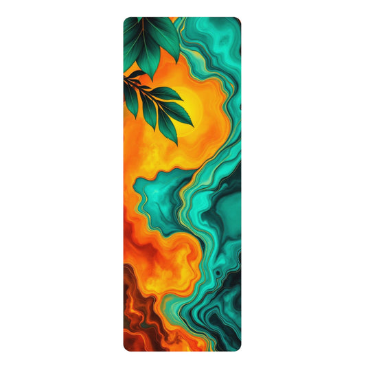 Teal & Amber Marble Swirl Leaves Rubber Yoga Mat | Abstract Nature Resin Art - Best Yoga Mats for Home Workouts