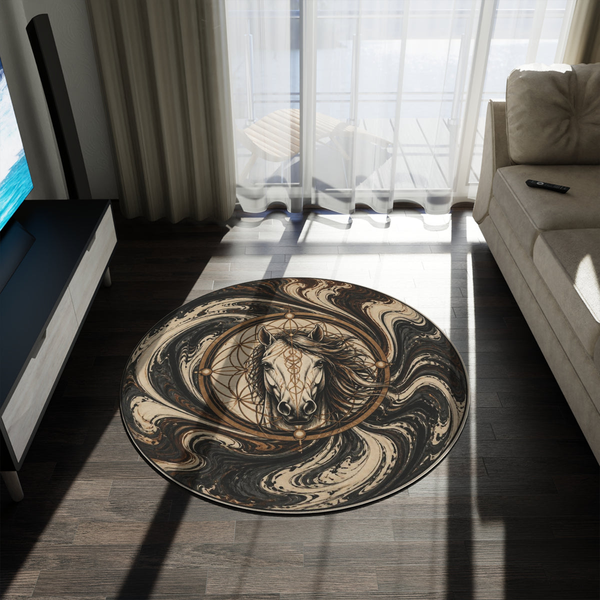 Mystic Horse Mandala Round Rug | Boho Swirl Horsehead Decor Printify